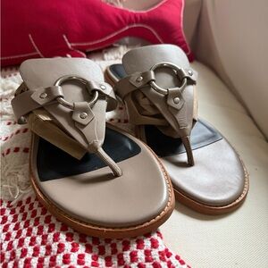 Rebecca Minkoff Beige Leather Thong Sandals with Silver Ring